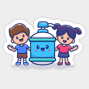 Cute Boy And Girl With Hand Sanitizer Bottle Sticker